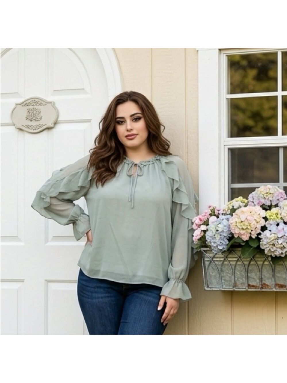 Easel Soft Green Ruffled Blouse
